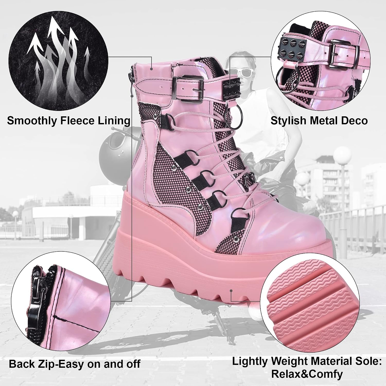 image:imageGothniero Platform Goth Boots for Womem Black Combat Motorcycle Rave Punk emo Boots Chunky Heel Ankle Booties with Side Zip Lace Up Wedge Booties US551132pink