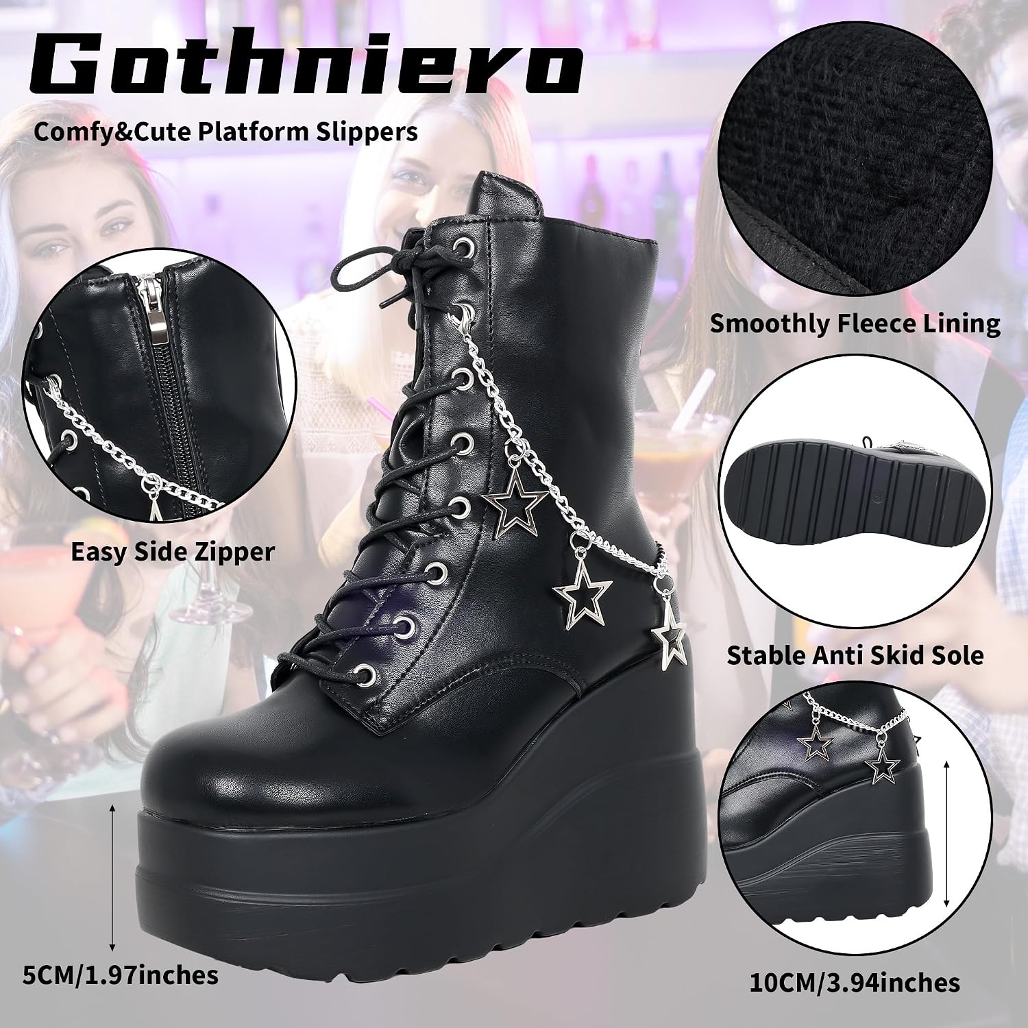 image:imageGothniero Platform Goth Boots for Womem Black Combat Motorcycle Rave Punk emo Boots Chunky Heel Ankle Booties with Side Zip Lace Up Wedge Booties US551101blk