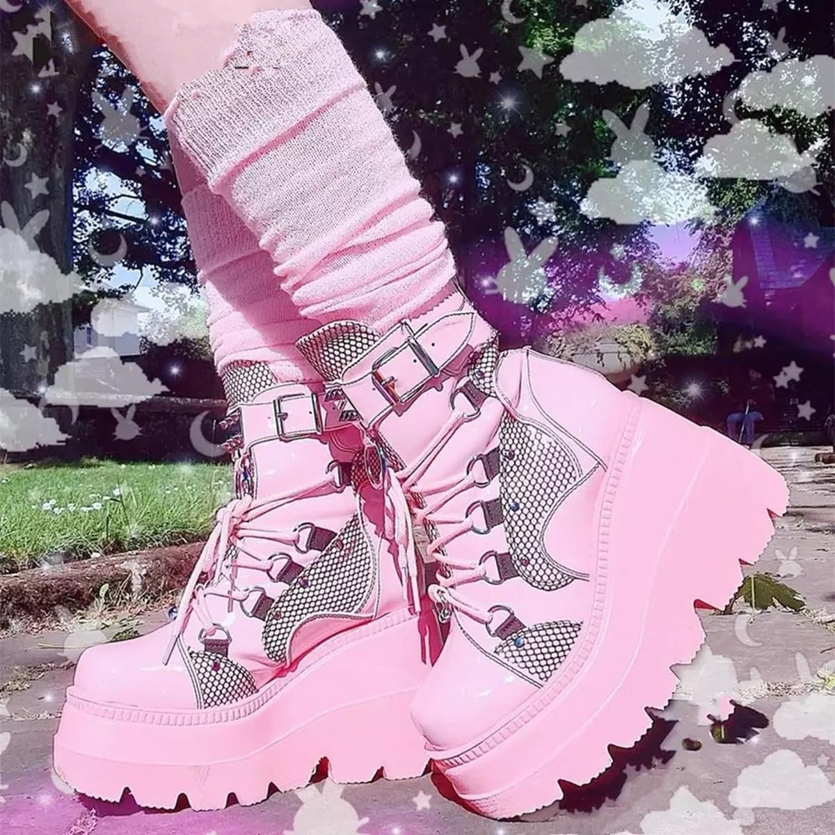 image:imageGothniero Platform Goth Boots for Womem Black Combat Motorcycle Rave Punk emo Boots Chunky Heel Ankle Booties with Side Zip Lace Up Wedge Booties US551132pink