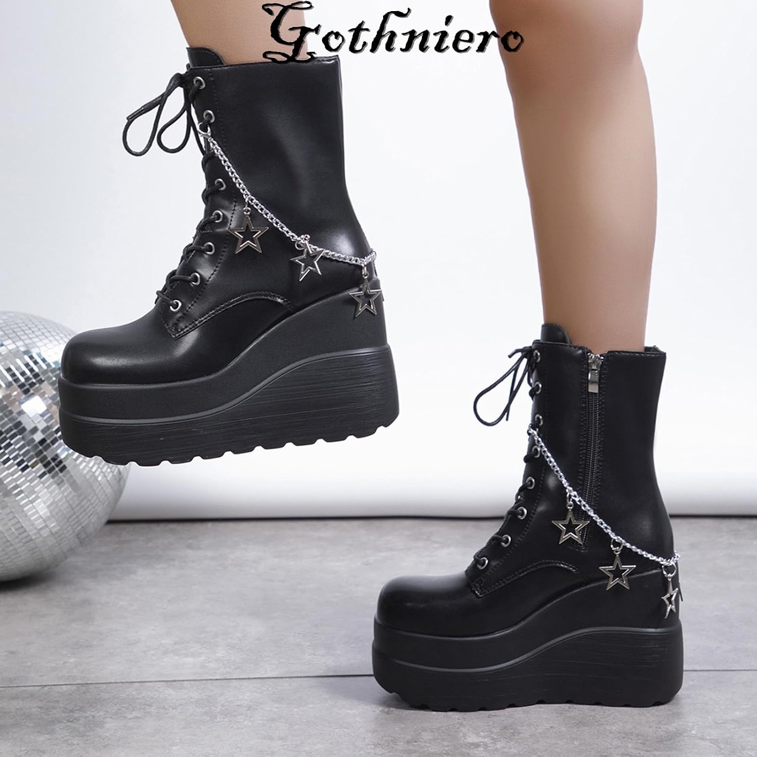 image:imageGothniero Platform Goth Boots for Womem Black Combat Motorcycle Rave Punk emo Boots Chunky Heel Ankle Booties with Side Zip Lace Up Wedge Booties US551101blk