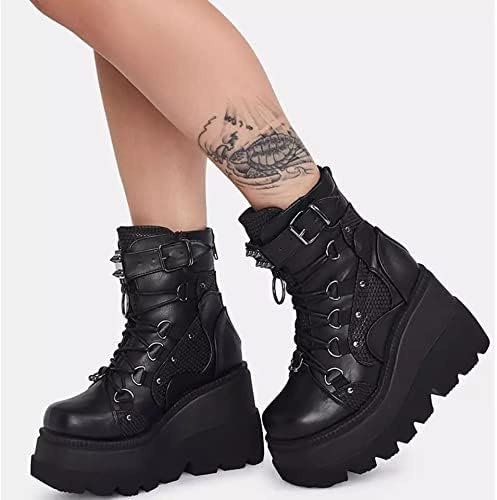 image:imageGothniero Platform Goth Boots for Womem Black Combat Motorcycle Rave Punk emo Boots Chunky Heel Ankle Booties with Side Zip Lace Up Wedge Booties US551132blk