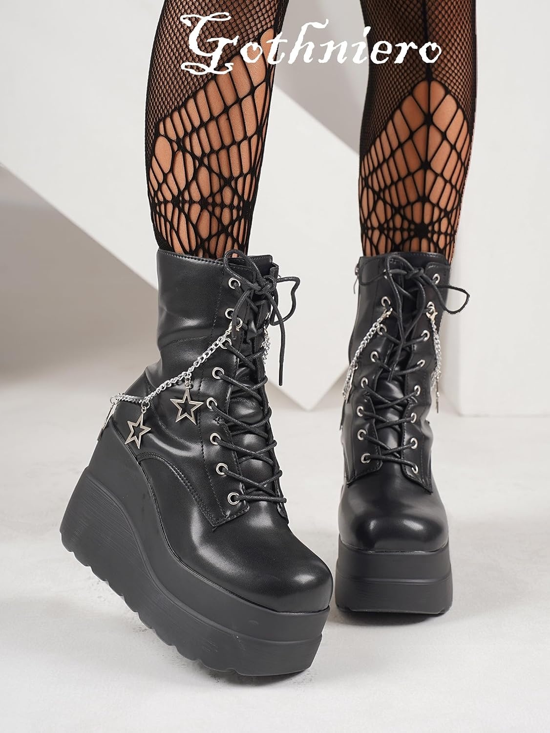 image:imageGothniero Platform Goth Boots for Womem Black Combat Motorcycle Rave Punk emo Boots Chunky Heel Ankle Booties with Side Zip Lace Up Wedge Booties US551101blk