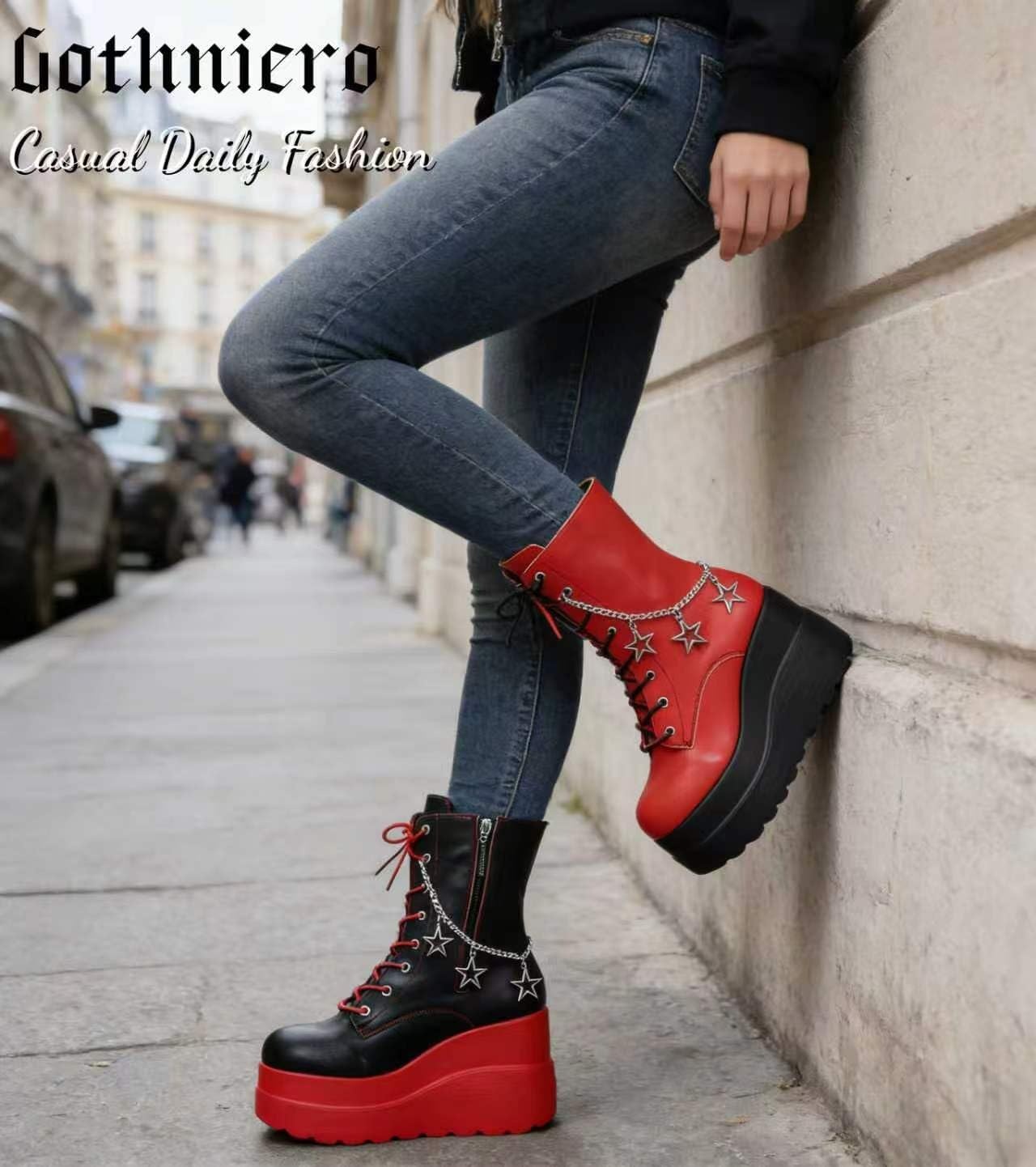 image:imageGothniero Platform Goth Boots for Womem Black Combat Motorcycle Rave Punk emo Boots Chunky Heel Ankle Booties with Side Zip Lace Up Wedge Booties US551101red