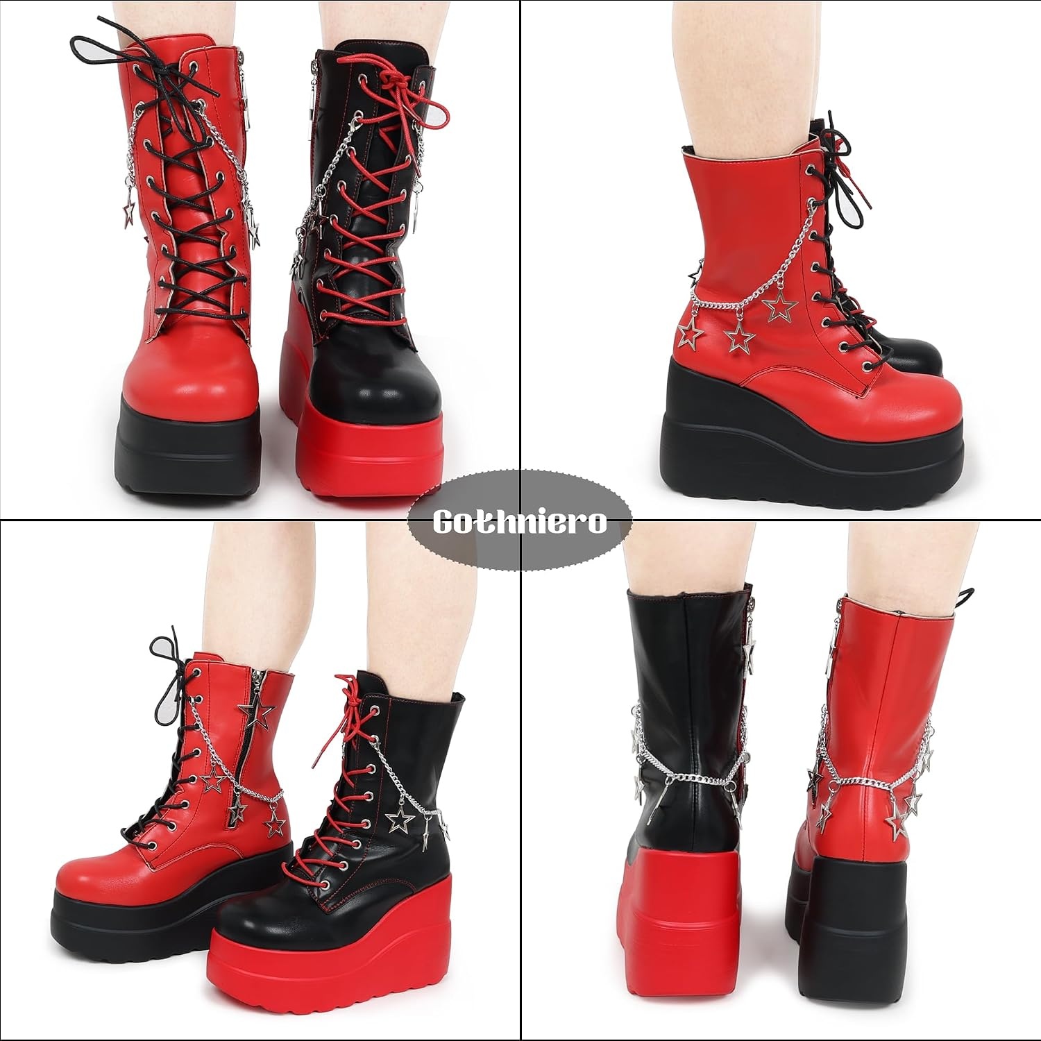 image:imageGothniero Platform Goth Boots for Womem Black Combat Motorcycle Rave Punk emo Boots Chunky Heel Ankle Booties with Side Zip Lace Up Wedge Booties US551101red