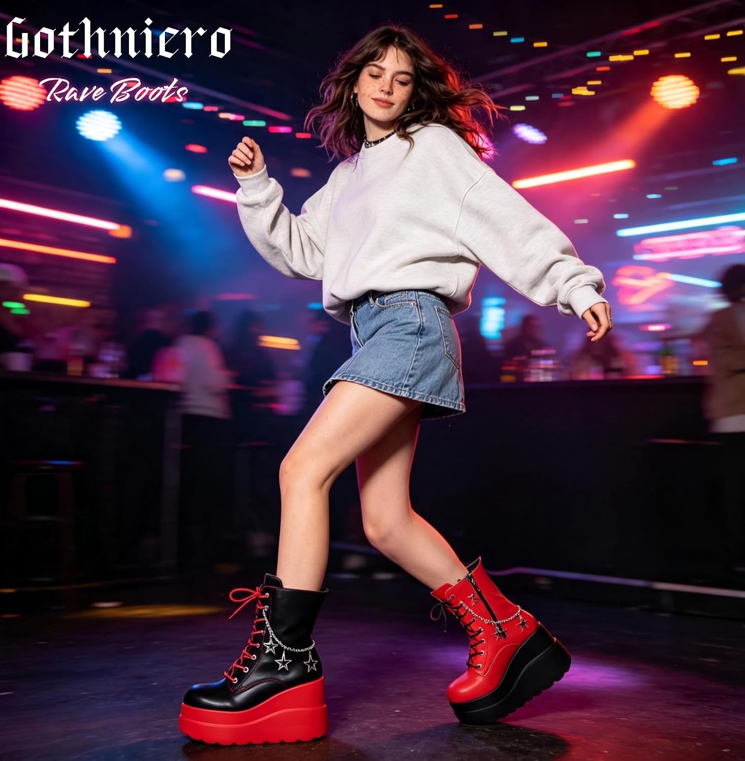 image:imageGothniero Platform Goth Boots for Womem Black Combat Motorcycle Rave Punk emo Boots Chunky Heel Ankle Booties with Side Zip Lace Up Wedge Booties US551101red