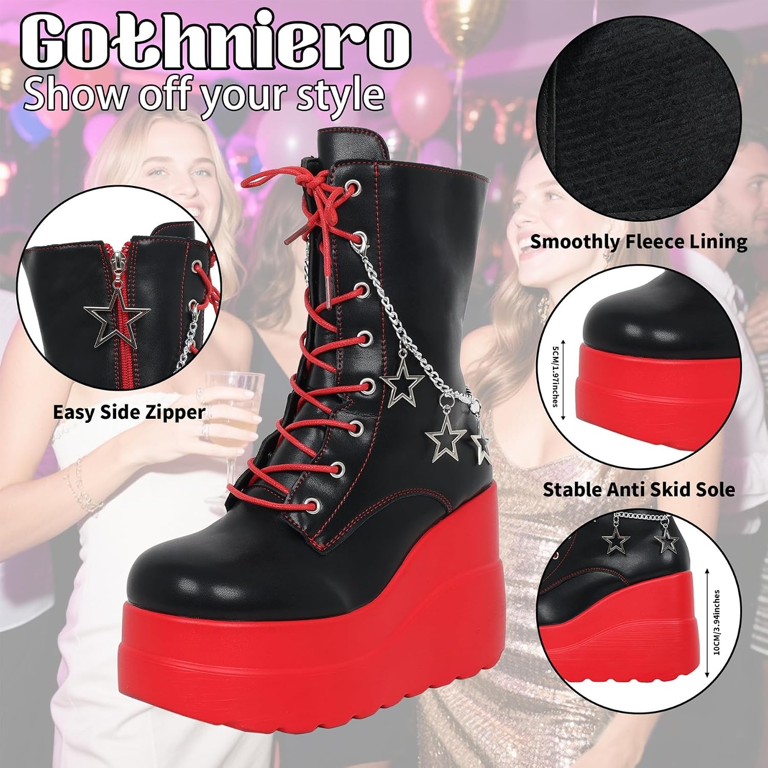 image:imageGothniero Platform Goth Boots for Womem Black Combat Motorcycle Rave Punk emo Boots Chunky Heel Ankle Booties with Side Zip Lace Up Wedge Booties US551101red