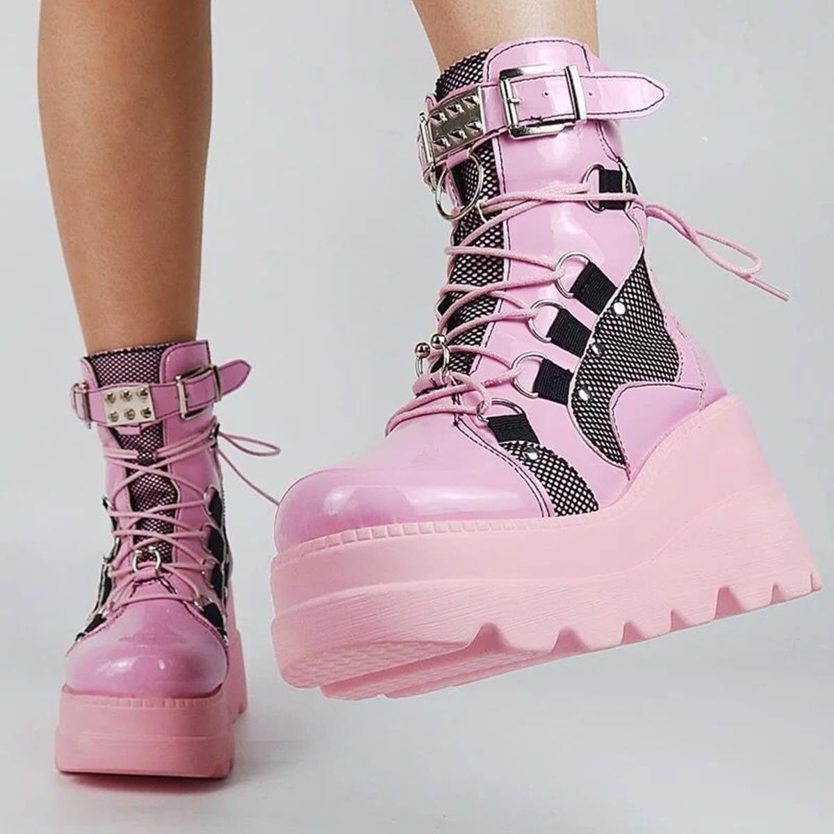 image:imageGothniero Platform Goth Boots for Womem Black Combat Motorcycle Rave Punk emo Boots Chunky Heel Ankle Booties with Side Zip Lace Up Wedge Booties US551132pink
