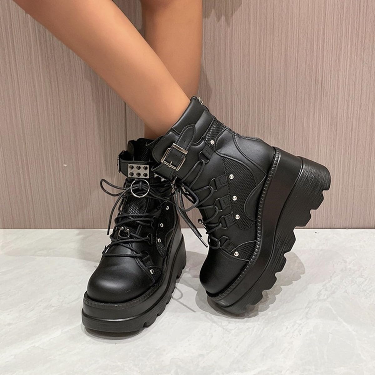 image:imageGothniero Platform Goth Boots for Womem Black Combat Motorcycle Rave Punk emo Boots Chunky Heel Ankle Booties with Side Zip Lace Up Wedge Booties US551132blk
