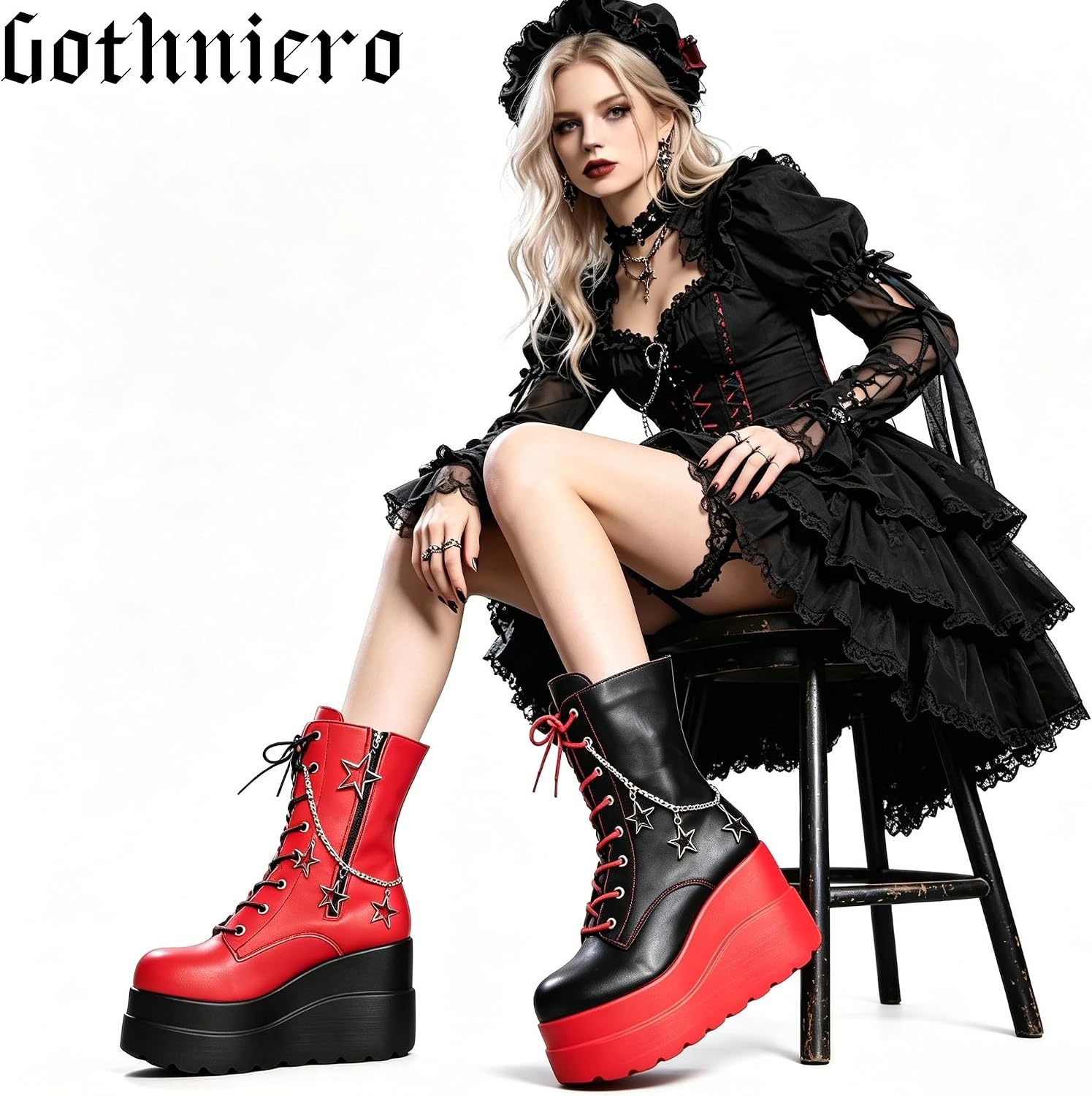 image:imageGothniero Platform Goth Boots for Womem Black Combat Motorcycle Rave Punk emo Boots Chunky Heel Ankle Booties with Side Zip Lace Up Wedge Booties US551101red