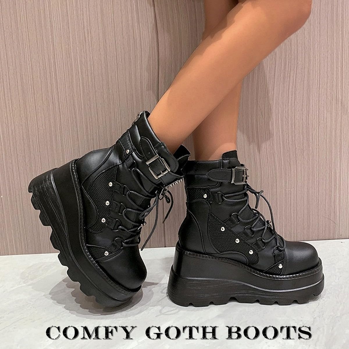 image:imageGothniero Platform Goth Boots for Womem Black Combat Motorcycle Rave Punk emo Boots Chunky Heel Ankle Booties with Side Zip Lace Up Wedge Booties US551132blk