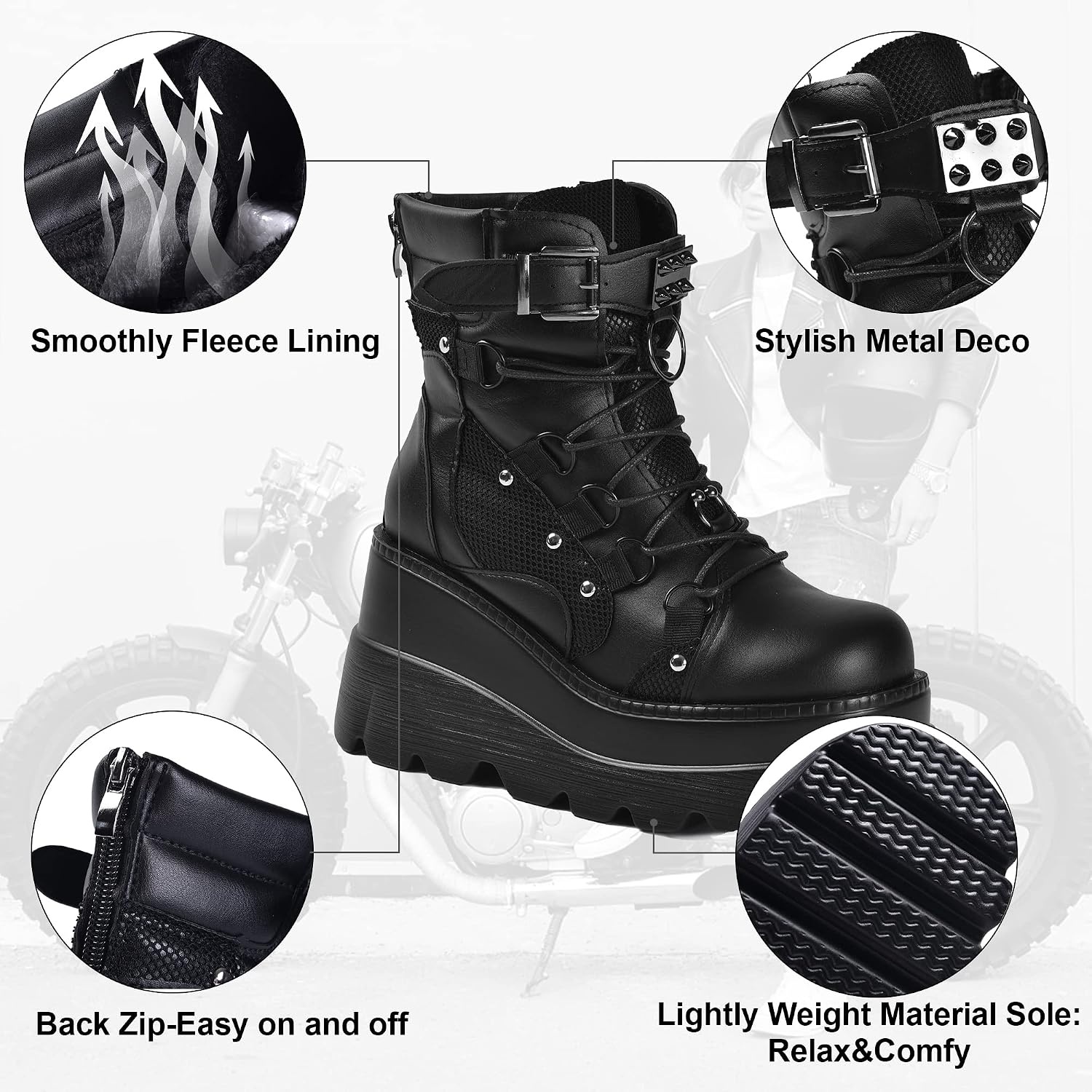 image:imageGothniero Platform Goth Boots for Womem Black Combat Motorcycle Rave Punk emo Boots Chunky Heel Ankle Booties with Side Zip Lace Up Wedge Booties US551132blk