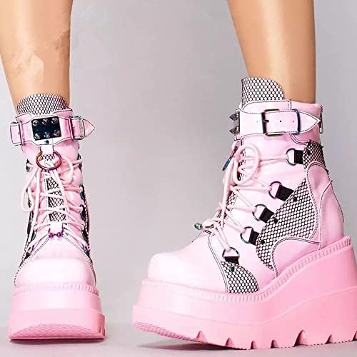 image:imageGothniero Platform Goth Boots for Womem Black Combat Motorcycle Rave Punk emo Boots Chunky Heel Ankle Booties with Side Zip Lace Up Wedge Booties US551132pink
