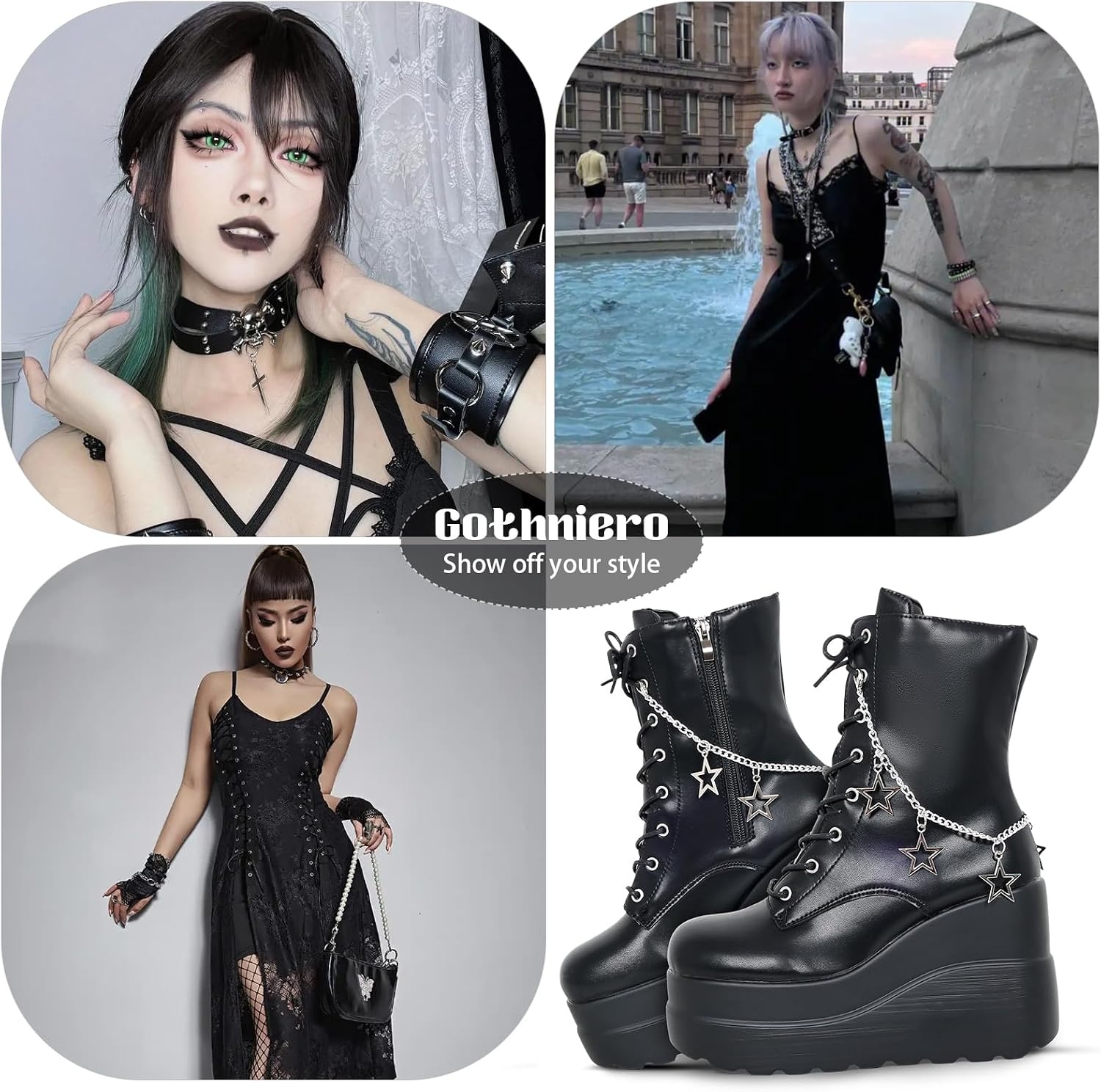 image:imageGothniero Platform Goth Boots for Womem Black Combat Motorcycle Rave Punk emo Boots Chunky Heel Ankle Booties with Side Zip Lace Up Wedge Booties US551101blk