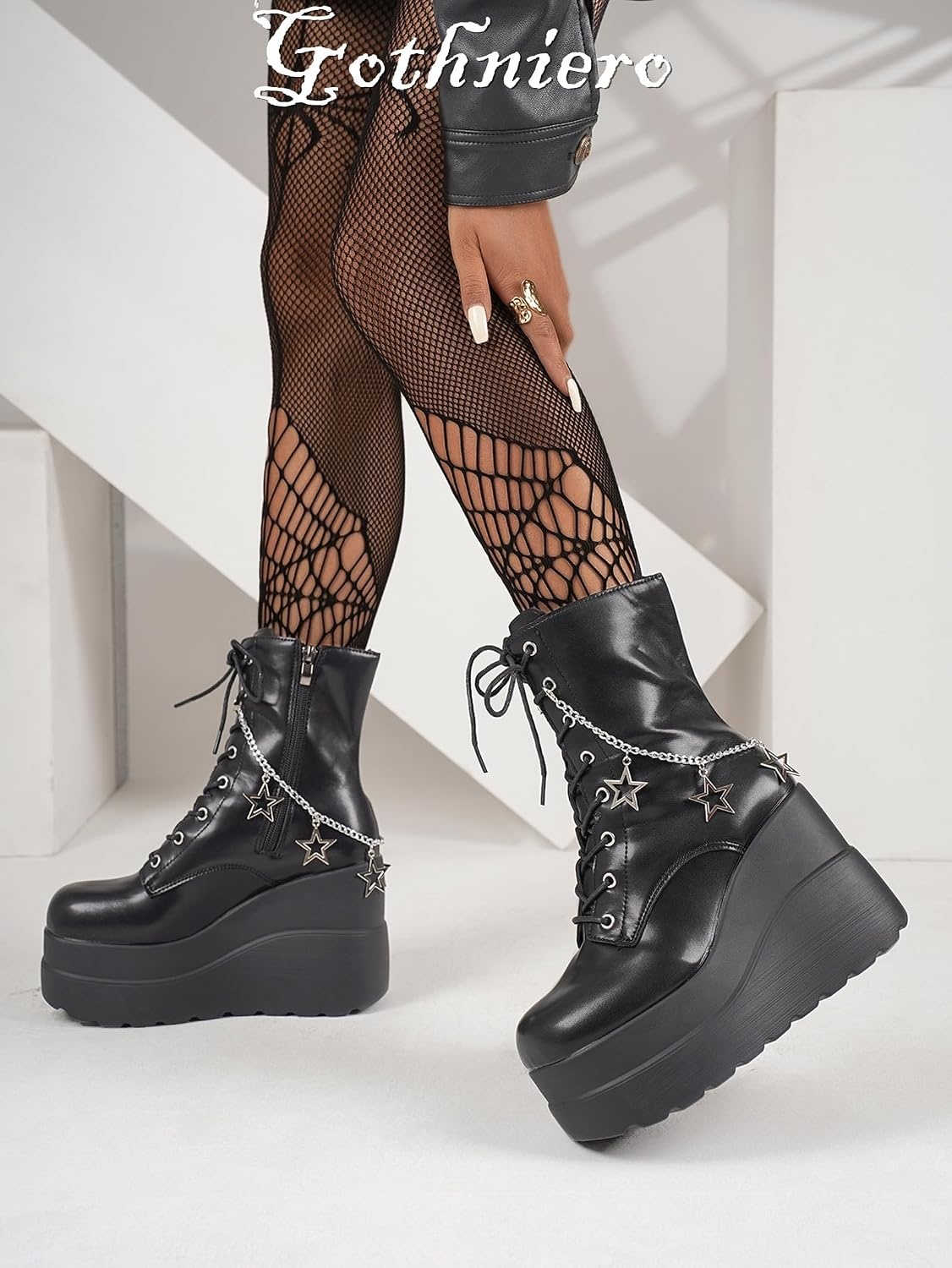 image:imageGothniero Platform Goth Boots for Womem Black Combat Motorcycle Rave Punk emo Boots Chunky Heel Ankle Booties with Side Zip Lace Up Wedge Booties US551101blk