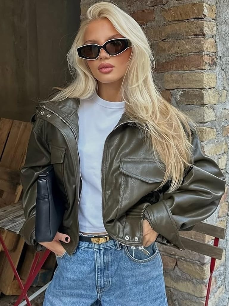 image:imageGreen Leather Jacket Women Stand Collar Zip Up Cropped Leather Jacket Women Trendy 2026A Green