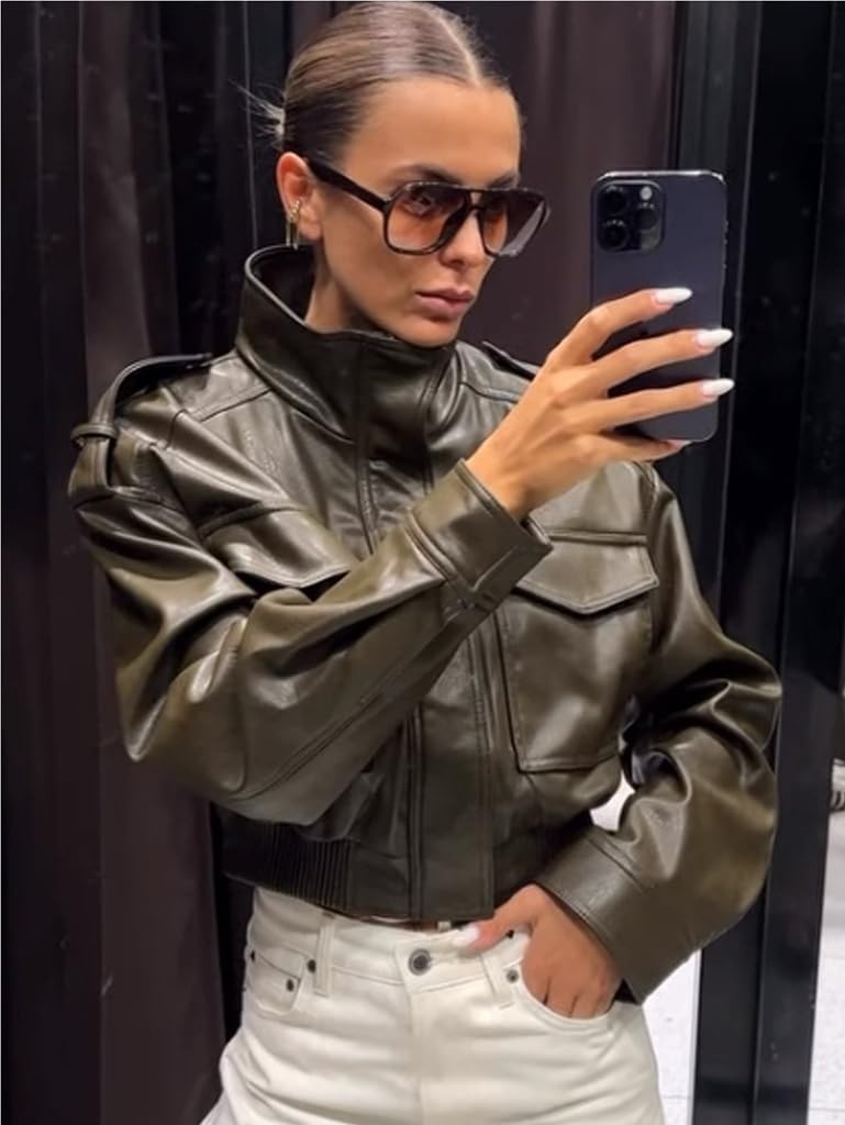 image:imageGreen Leather Jacket Women Stand Collar Zip Up Cropped Leather Jacket Women Trendy 2026A Green