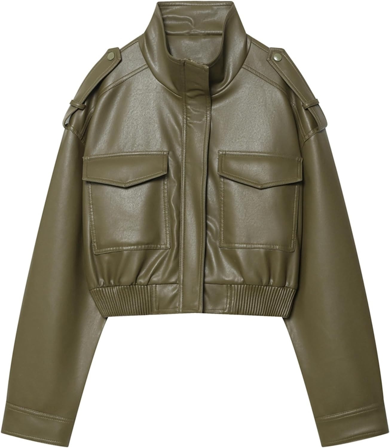 image:imageGreen Leather Jacket Women Stand Collar Zip Up Cropped Leather Jacket Women Trendy 2026A Green