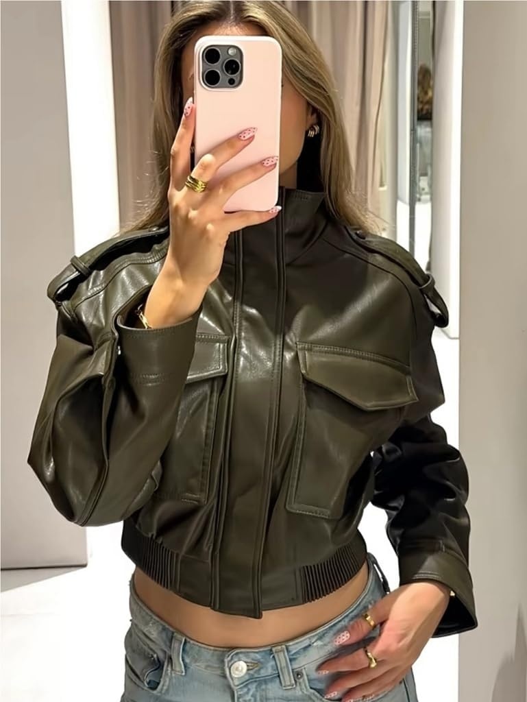 image:imageGreen Leather Jacket Women Stand Collar Zip Up Cropped Leather Jacket Women Trendy 2026A Green
