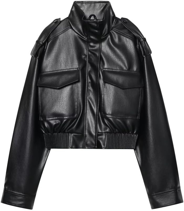image:imageGreen Leather Jacket Women Stand Collar Zip Up Cropped Leather Jacket Women Trendy 2026Black