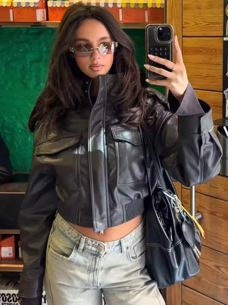 image:imageGreen Leather Jacket Women Stand Collar Zip Up Cropped Leather Jacket Women Trendy 2026Black