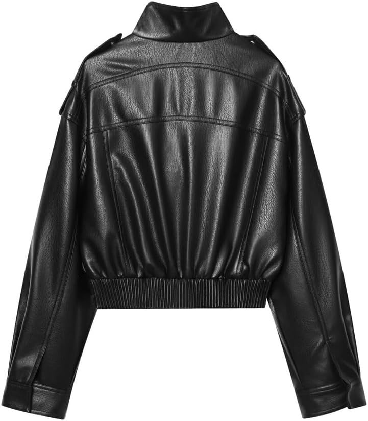 image:imageGreen Leather Jacket Women Stand Collar Zip Up Cropped Leather Jacket Women Trendy 2026Black