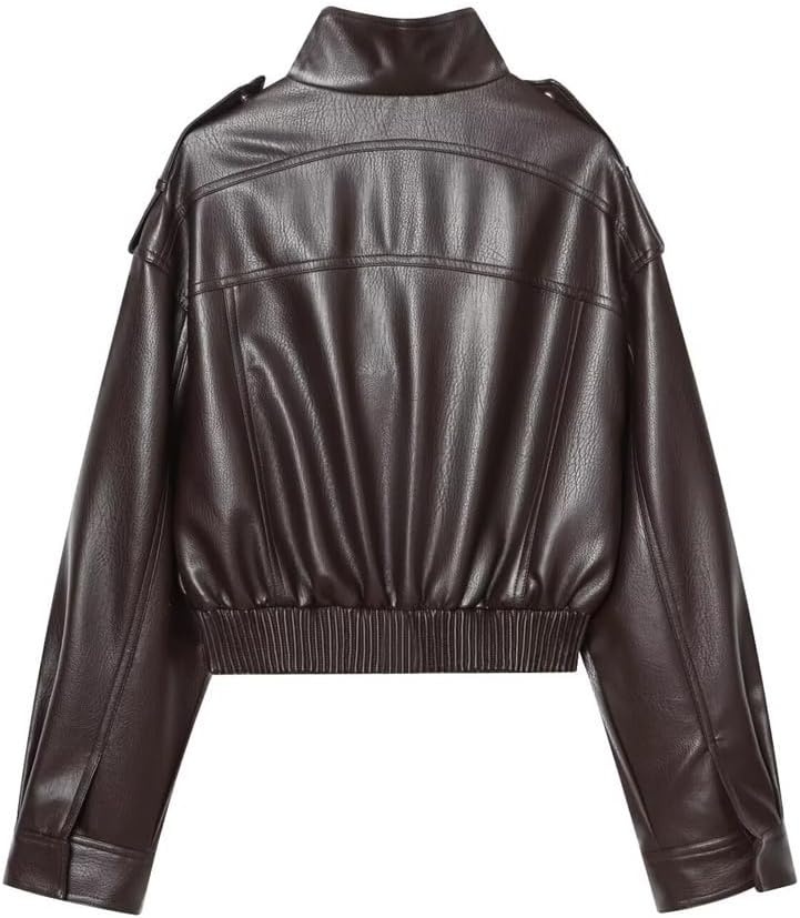 image:imageGreen Leather Jacket Women Stand Collar Zip Up Cropped Leather Jacket Women Trendy 2026Brown