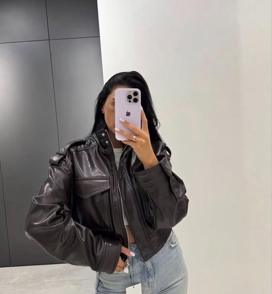 image:imageGreen Leather Jacket Women Stand Collar Zip Up Cropped Leather Jacket Women Trendy 2026Brown