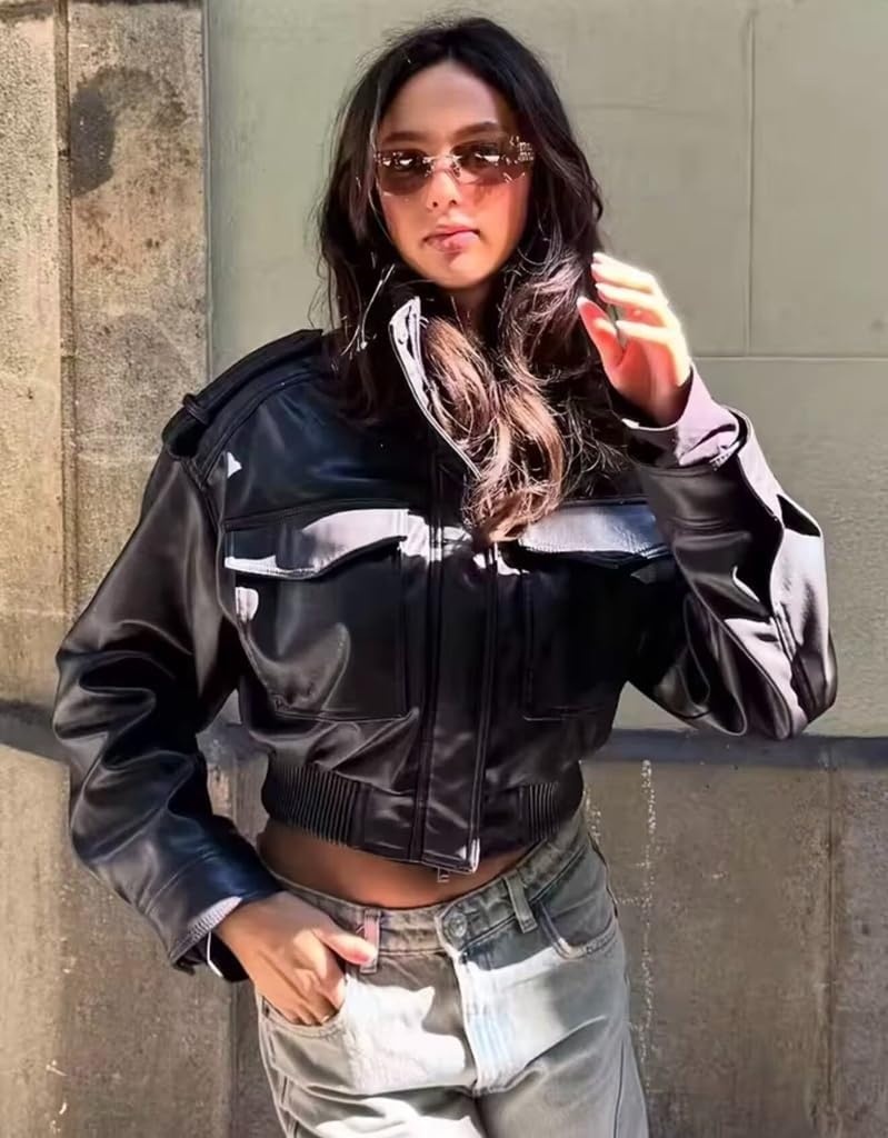 image:imageGreen Leather Jacket Women Stand Collar Zip Up Cropped Leather Jacket Women Trendy 2026Brown