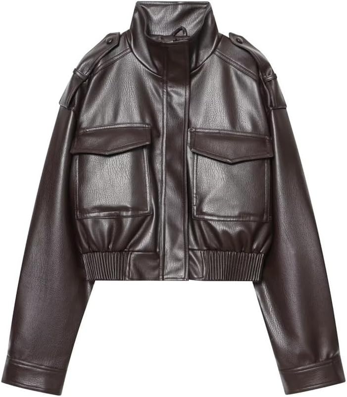 image:imageGreen Leather Jacket Women Stand Collar Zip Up Cropped Leather Jacket Women Trendy 2026Brown