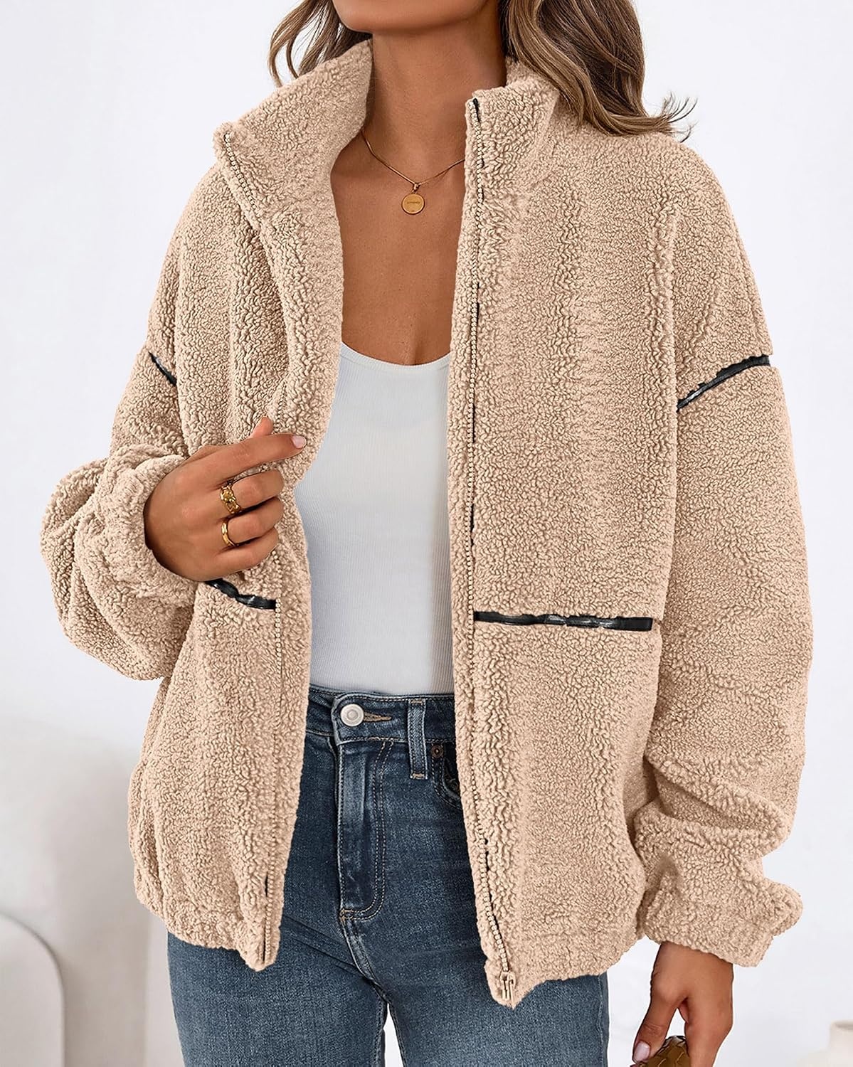 image:imageKIRUNDO Sherpa Jacket Women Fleece Zip Up Winter Coats Oversized Fall Teddy Jackets Long Sleeve Color Block Loose Fit With Pockets Faux Fur Warm Outwear 2026 Fashion ClothingBeige