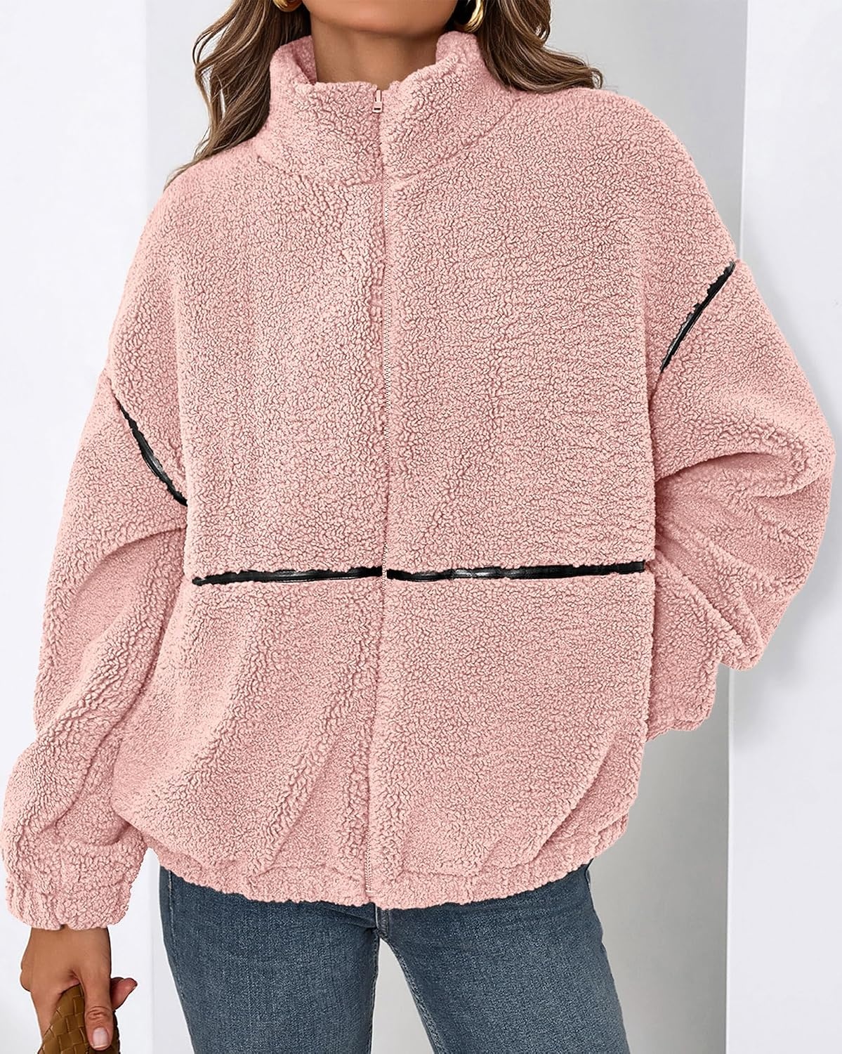 image:imageKIRUNDO Sherpa Jacket Women Fleece Zip Up Winter Coats Oversized Fall Teddy Jackets Long Sleeve Color Block Loose Fit With Pockets Faux Fur Warm Outwear 2026 Fashion ClothingPink