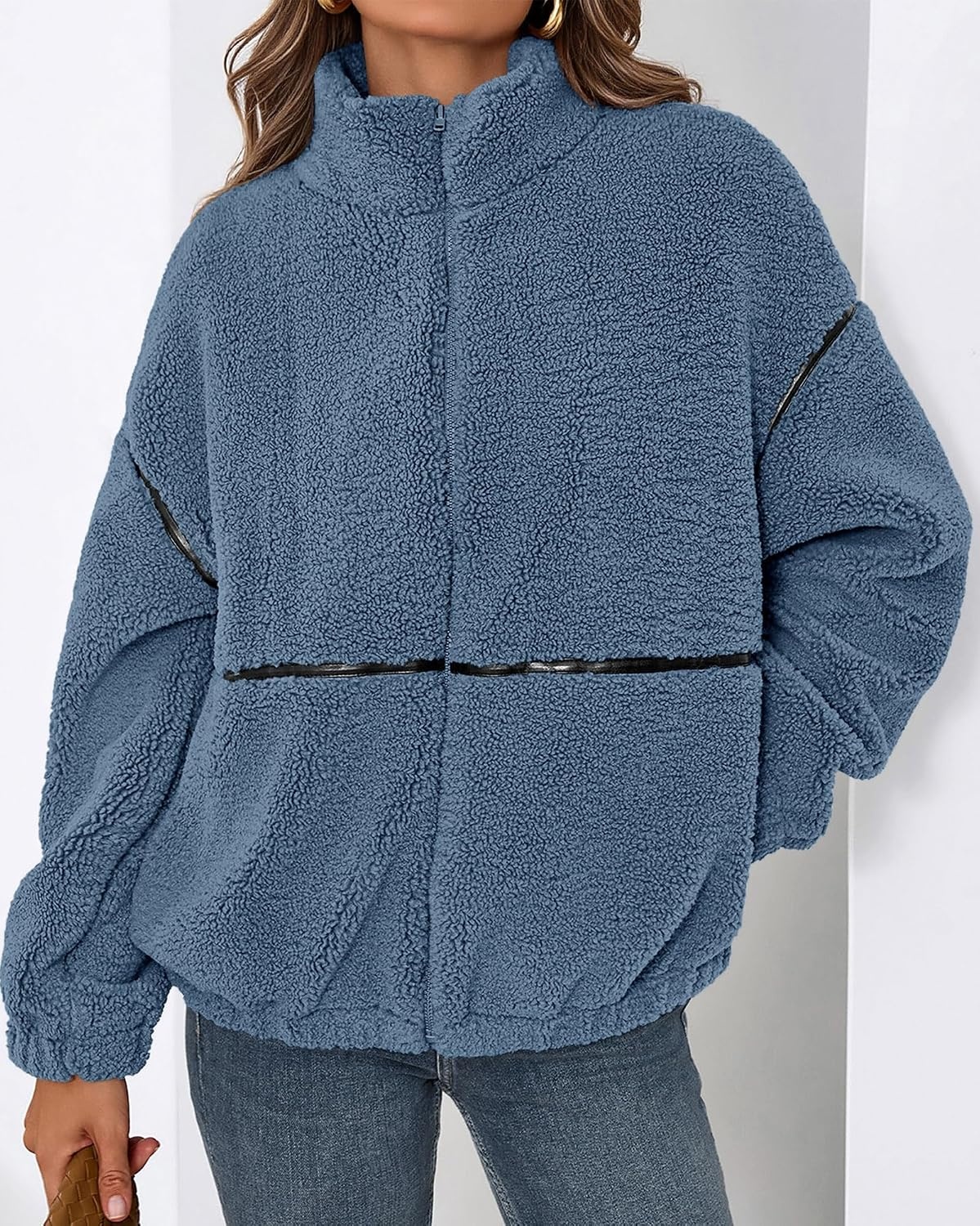 image:imageKIRUNDO Sherpa Jacket Women Fleece Zip Up Winter Coats Oversized Fall Teddy Jackets Long Sleeve Color Block Loose Fit With Pockets Faux Fur Warm Outwear 2026 Fashion ClothingDusty Blue