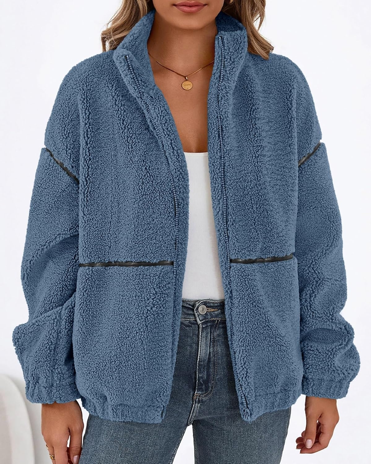image:imageKIRUNDO Sherpa Jacket Women Fleece Zip Up Winter Coats Oversized Fall Teddy Jackets Long Sleeve Color Block Loose Fit With Pockets Faux Fur Warm Outwear 2026 Fashion ClothingDusty Blue