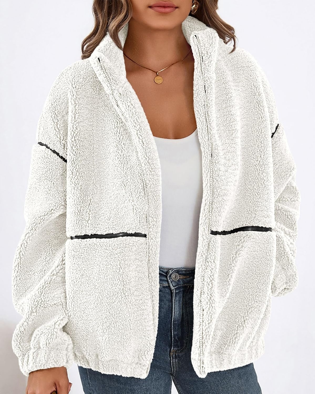 image:imageKIRUNDO Sherpa Jacket Women Fleece Zip Up Winter Coats Oversized Fall Teddy Jackets Long Sleeve Color Block Loose Fit With Pockets Faux Fur Warm Outwear 2026 Fashion ClothingWhite