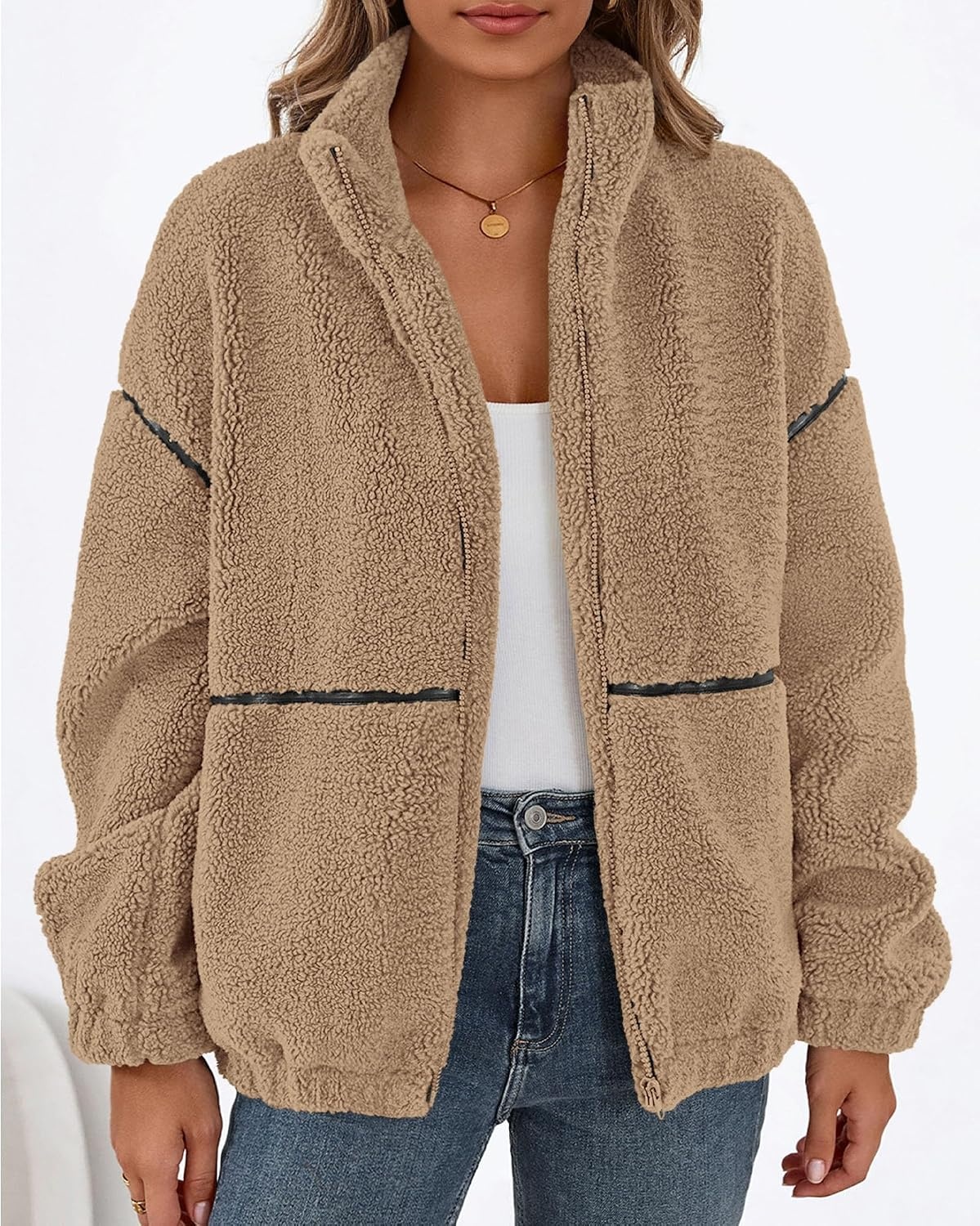 image:imageKIRUNDO Sherpa Jacket Women Fleece Zip Up Winter Coats Oversized Fall Teddy Jackets Long Sleeve Color Block Loose Fit With Pockets Faux Fur Warm Outwear 2026 Fashion ClothingKhaki