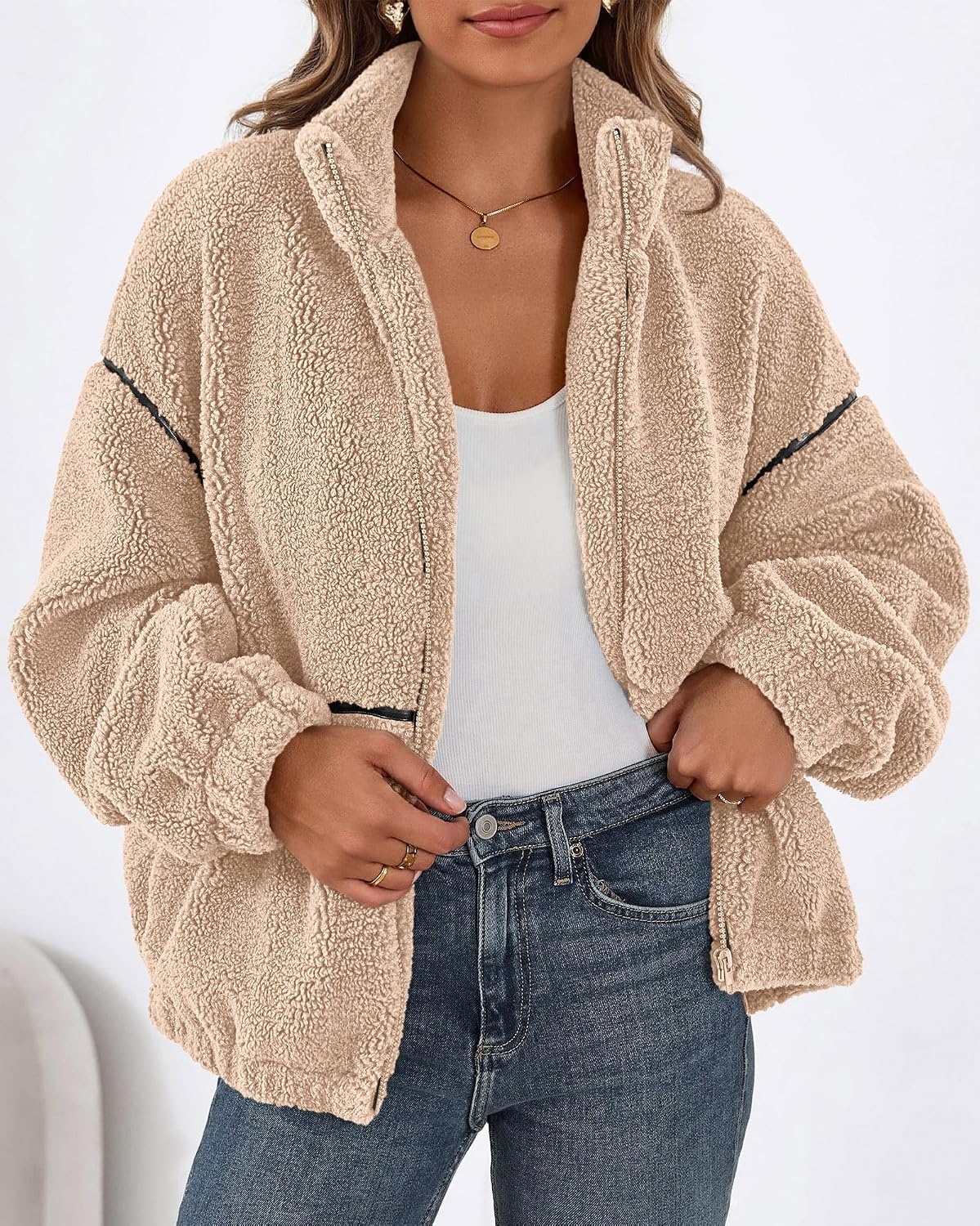 image:imageKIRUNDO Sherpa Jacket Women Fleece Zip Up Winter Coats Oversized Fall Teddy Jackets Long Sleeve Color Block Loose Fit With Pockets Faux Fur Warm Outwear 2026 Fashion ClothingBeige