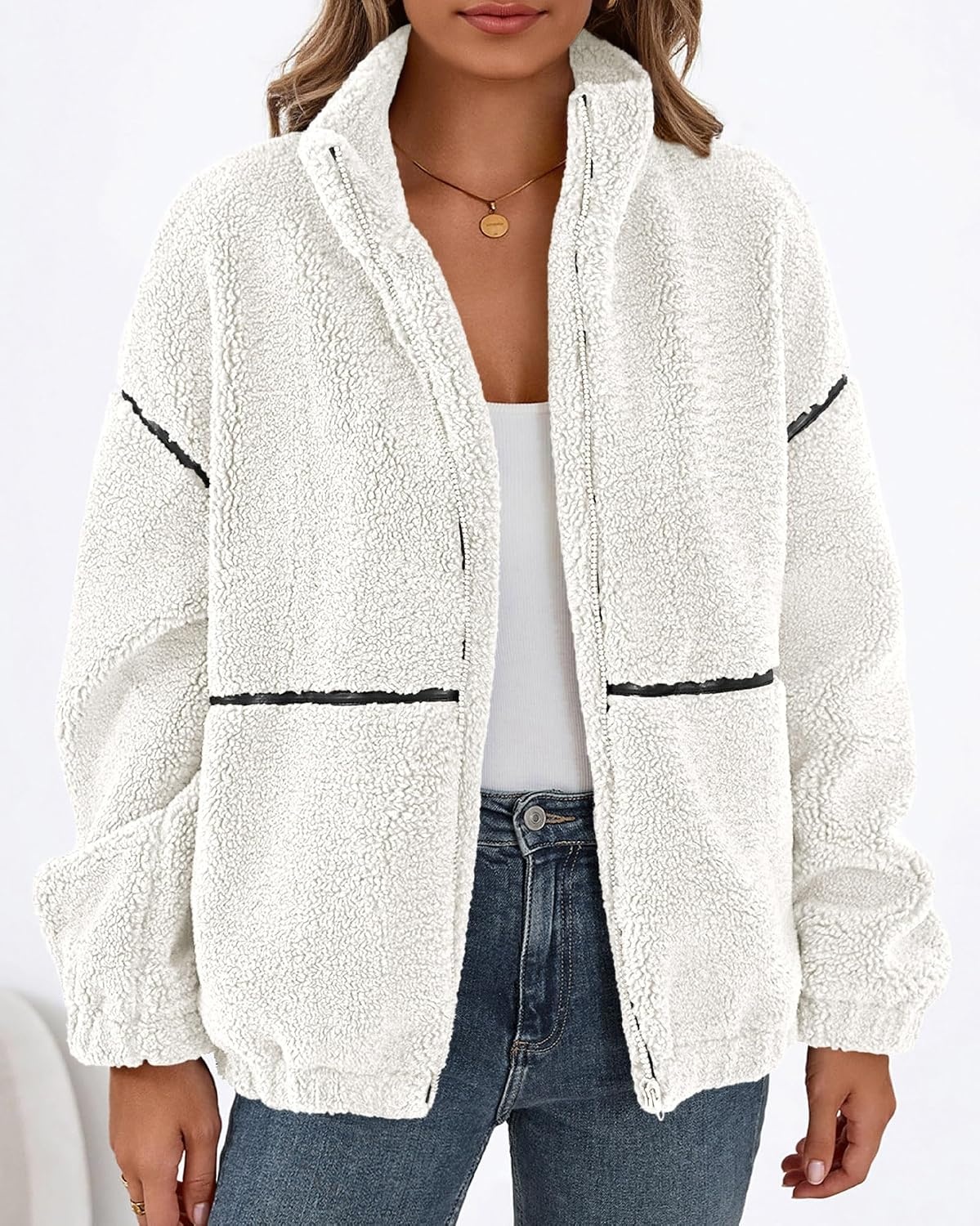 image:imageKIRUNDO Sherpa Jacket Women Fleece Zip Up Winter Coats Oversized Fall Teddy Jackets Long Sleeve Color Block Loose Fit With Pockets Faux Fur Warm Outwear 2026 Fashion ClothingWhite