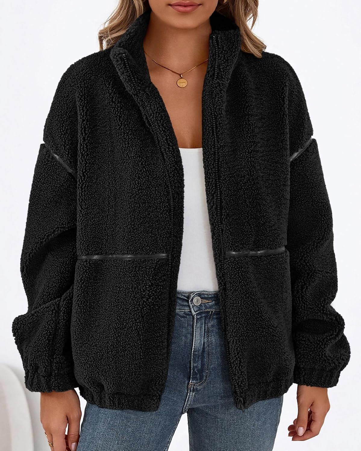 image:imageKIRUNDO Sherpa Jacket Women Fleece Zip Up Winter Coats Oversized Fall Teddy Jackets Long Sleeve Color Block Loose Fit With Pockets Faux Fur Warm Outwear 2026 Fashion ClothingBlack