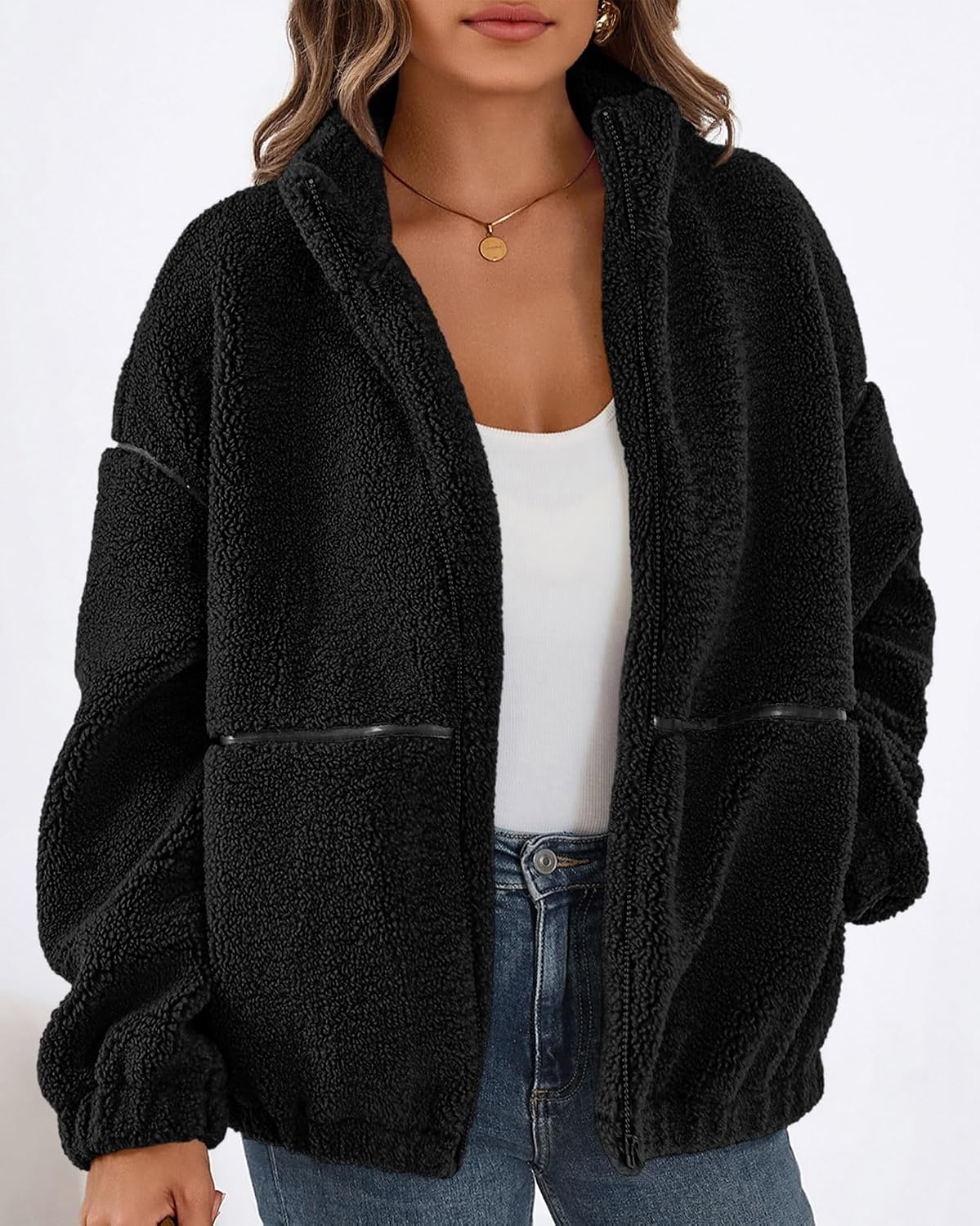 image:imageKIRUNDO Sherpa Jacket Women Fleece Zip Up Winter Coats Oversized Fall Teddy Jackets Long Sleeve Color Block Loose Fit With Pockets Faux Fur Warm Outwear 2026 Fashion ClothingBlack