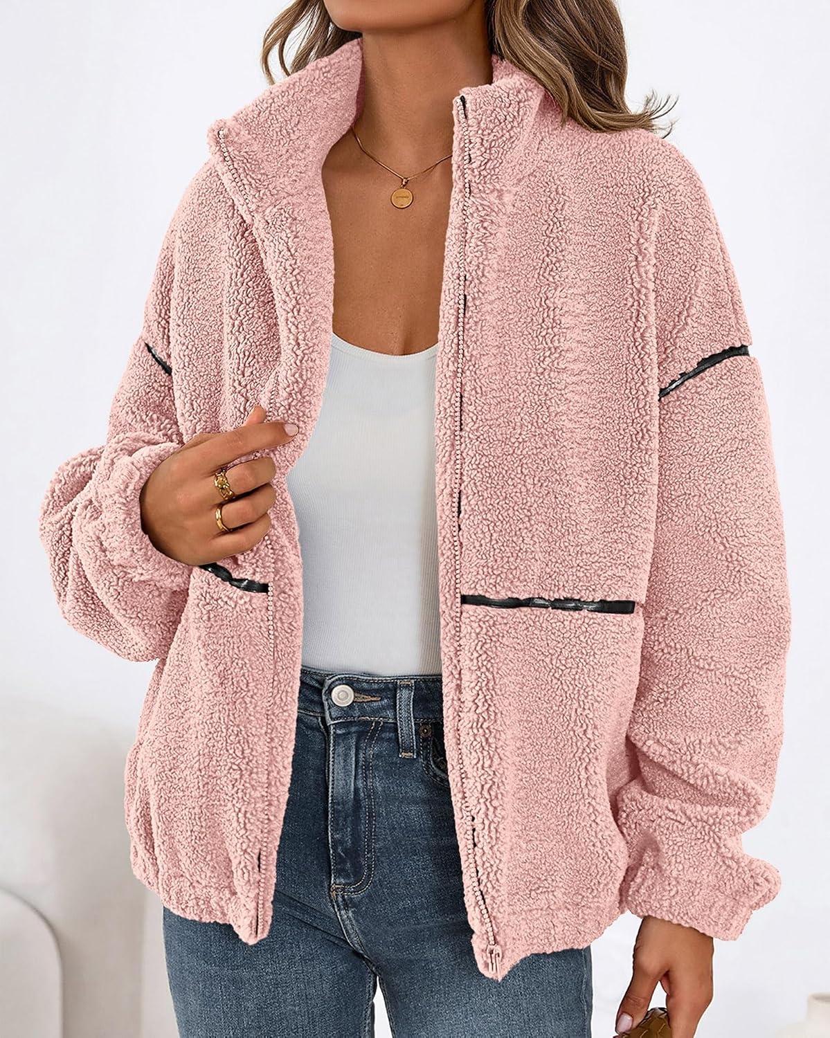 image:imageKIRUNDO Sherpa Jacket Women Fleece Zip Up Winter Coats Oversized Fall Teddy Jackets Long Sleeve Color Block Loose Fit With Pockets Faux Fur Warm Outwear 2026 Fashion ClothingPink
