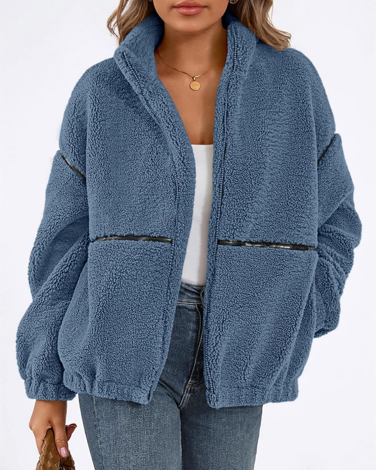 image:imageKIRUNDO Sherpa Jacket Women Fleece Zip Up Winter Coats Oversized Fall Teddy Jackets Long Sleeve Color Block Loose Fit With Pockets Faux Fur Warm Outwear 2026 Fashion ClothingDusty Blue