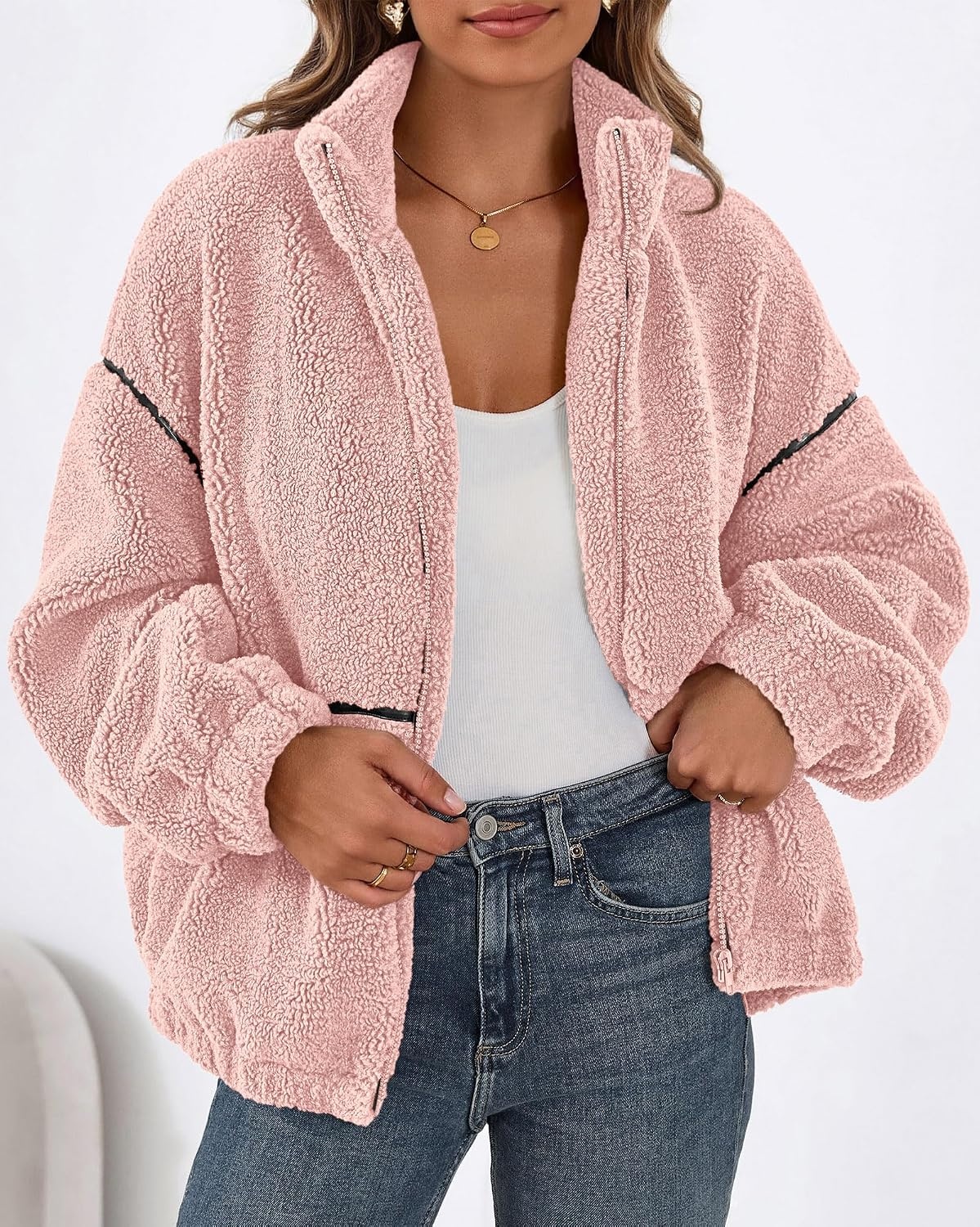 image:imageKIRUNDO Sherpa Jacket Women Fleece Zip Up Winter Coats Oversized Fall Teddy Jackets Long Sleeve Color Block Loose Fit With Pockets Faux Fur Warm Outwear 2026 Fashion ClothingPink