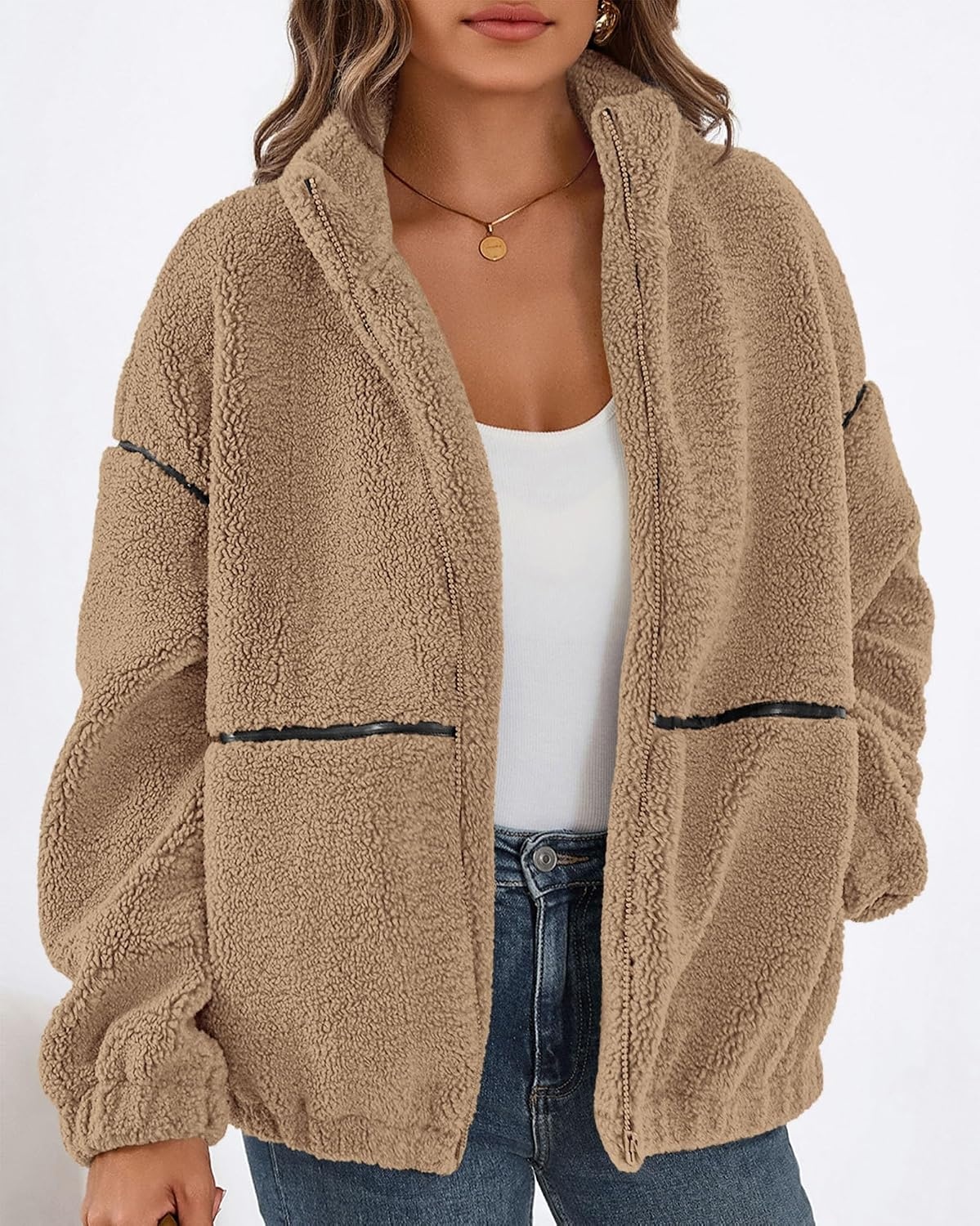 image:imageKIRUNDO Sherpa Jacket Women Fleece Zip Up Winter Coats Oversized Fall Teddy Jackets Long Sleeve Color Block Loose Fit With Pockets Faux Fur Warm Outwear 2026 Fashion ClothingKhaki