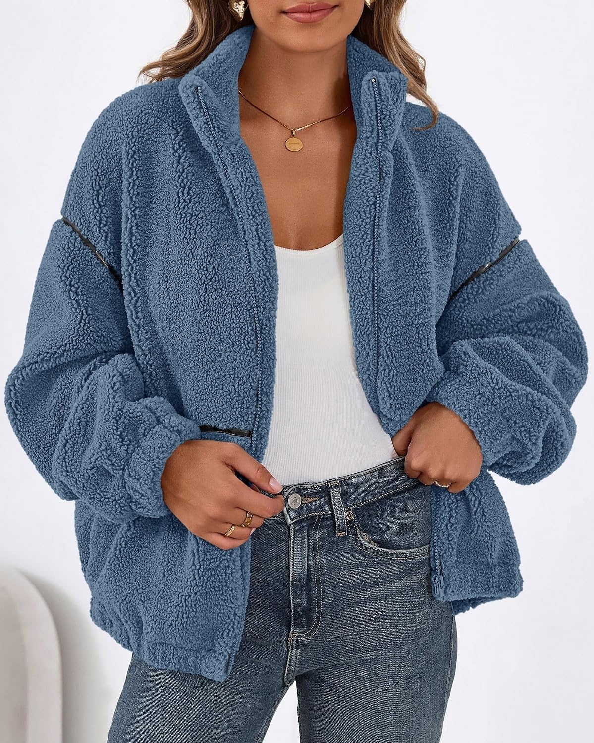 image:imageKIRUNDO Sherpa Jacket Women Fleece Zip Up Winter Coats Oversized Fall Teddy Jackets Long Sleeve Color Block Loose Fit With Pockets Faux Fur Warm Outwear 2026 Fashion ClothingDusty Blue