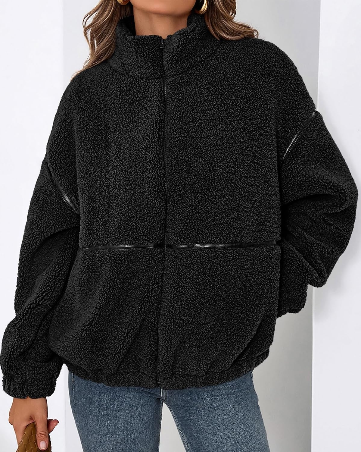 image:imageKIRUNDO Sherpa Jacket Women Fleece Zip Up Winter Coats Oversized Fall Teddy Jackets Long Sleeve Color Block Loose Fit With Pockets Faux Fur Warm Outwear 2026 Fashion ClothingBlack