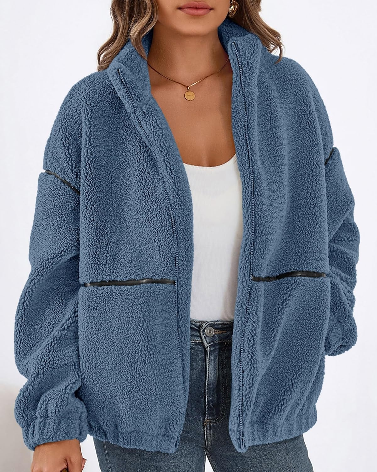 image:imageKIRUNDO Sherpa Jacket Women Fleece Zip Up Winter Coats Oversized Fall Teddy Jackets Long Sleeve Color Block Loose Fit With Pockets Faux Fur Warm Outwear 2026 Fashion ClothingDusty Blue