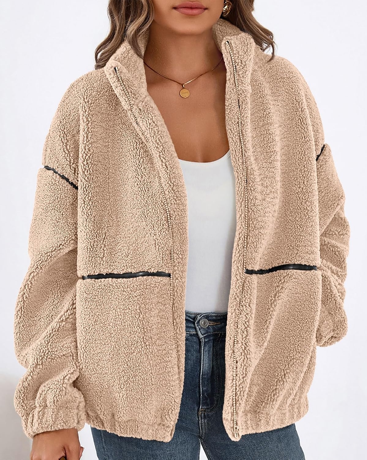 image:imageKIRUNDO Sherpa Jacket Women Fleece Zip Up Winter Coats Oversized Fall Teddy Jackets Long Sleeve Color Block Loose Fit With Pockets Faux Fur Warm Outwear 2026 Fashion ClothingBeige