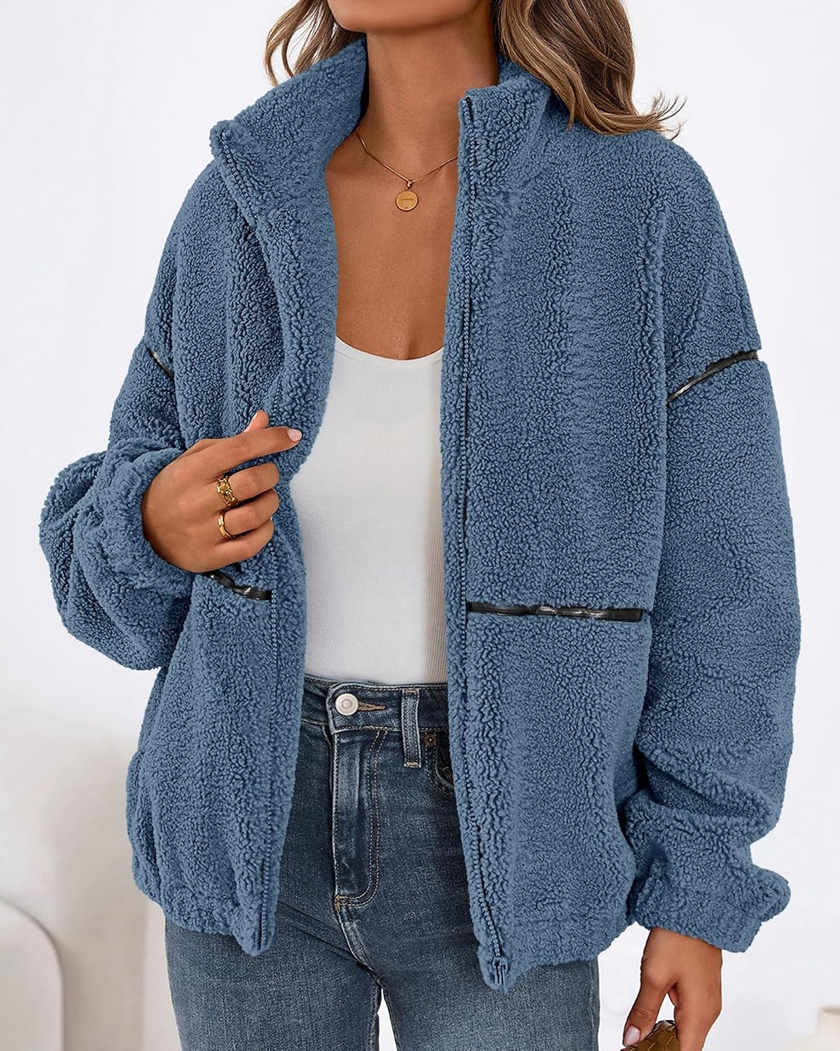 image:imageKIRUNDO Sherpa Jacket Women Fleece Zip Up Winter Coats Oversized Fall Teddy Jackets Long Sleeve Color Block Loose Fit With Pockets Faux Fur Warm Outwear 2026 Fashion ClothingDusty Blue