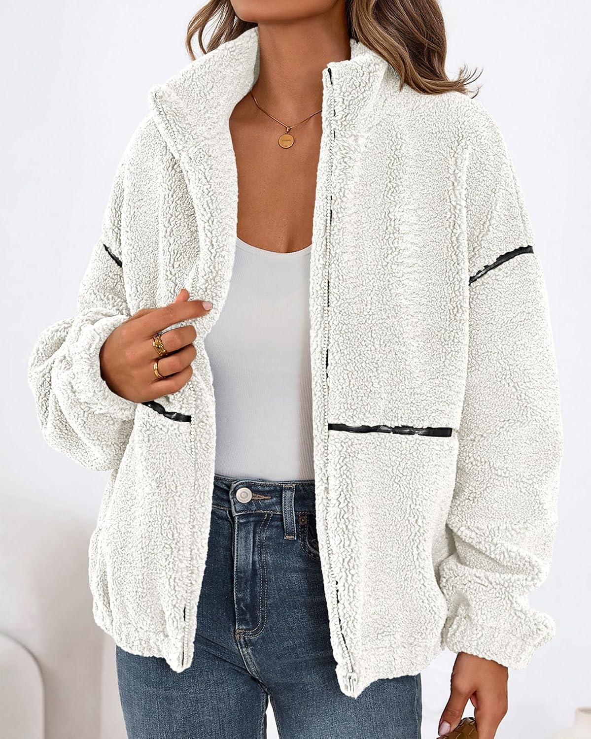 image:imageKIRUNDO Sherpa Jacket Women Fleece Zip Up Winter Coats Oversized Fall Teddy Jackets Long Sleeve Color Block Loose Fit With Pockets Faux Fur Warm Outwear 2026 Fashion ClothingWhite