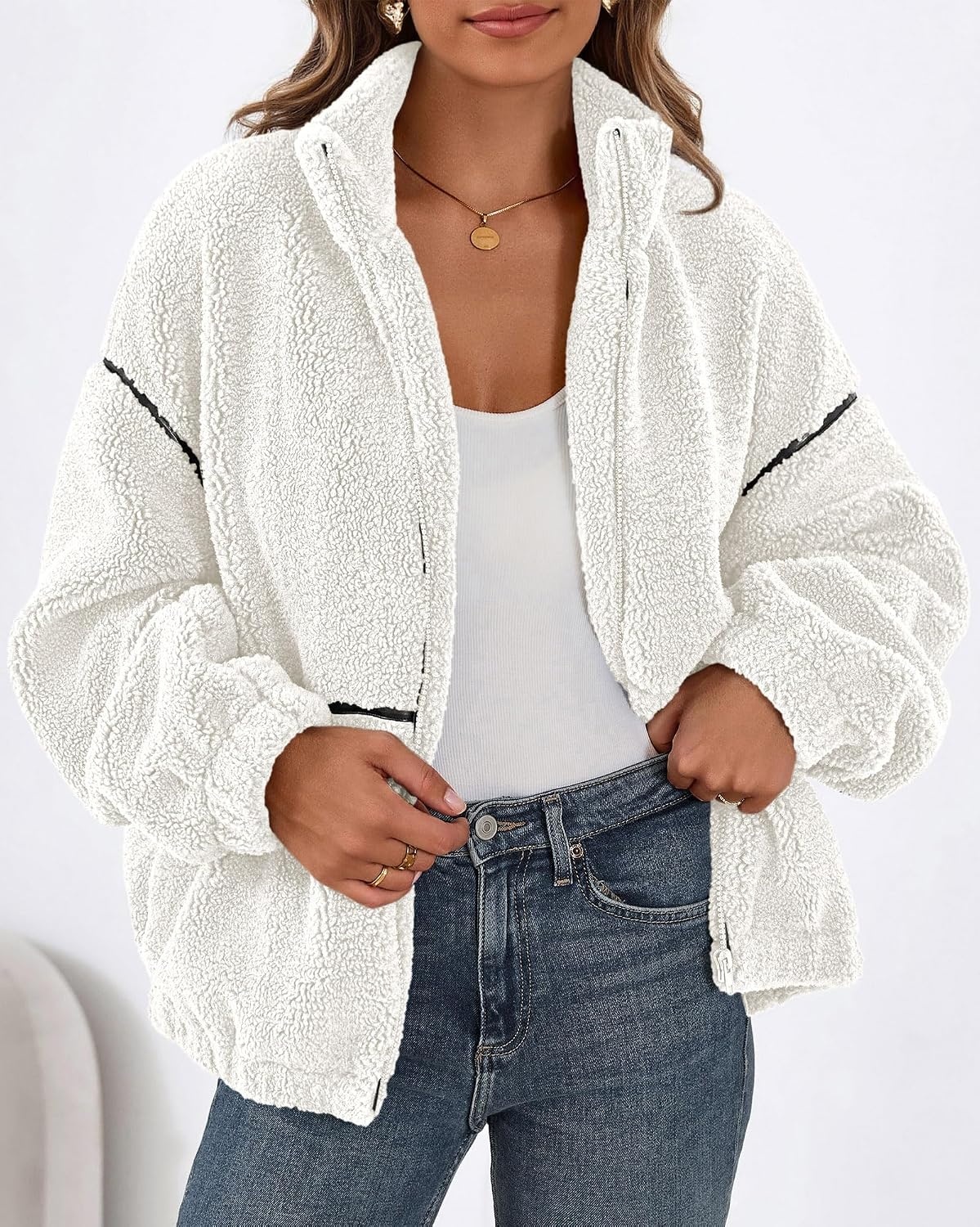image:imageKIRUNDO Sherpa Jacket Women Fleece Zip Up Winter Coats Oversized Fall Teddy Jackets Long Sleeve Color Block Loose Fit With Pockets Faux Fur Warm Outwear 2026 Fashion ClothingWhite